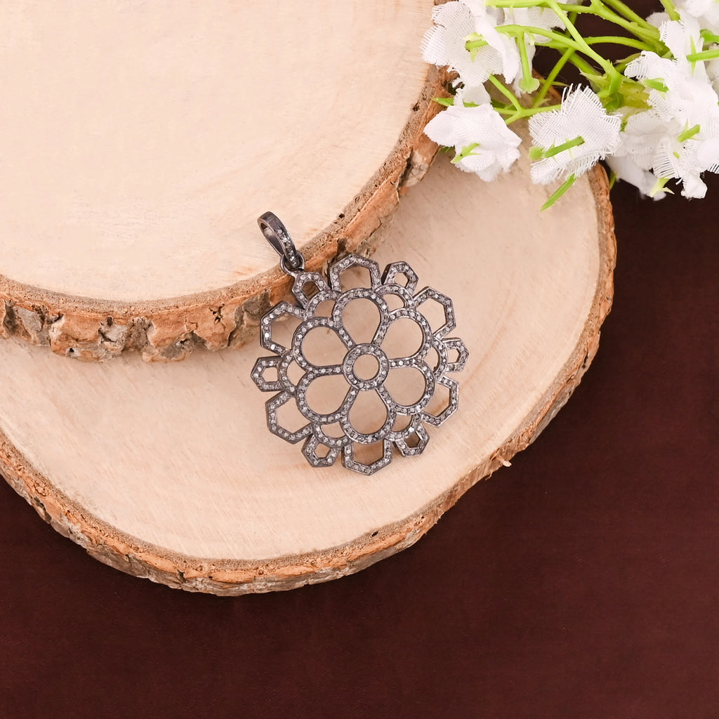 Women's Octagon Flower Pendant 925 Sterling Silver Black Rhodium Plated Pave Natural Diamond Vintage 35MM Size