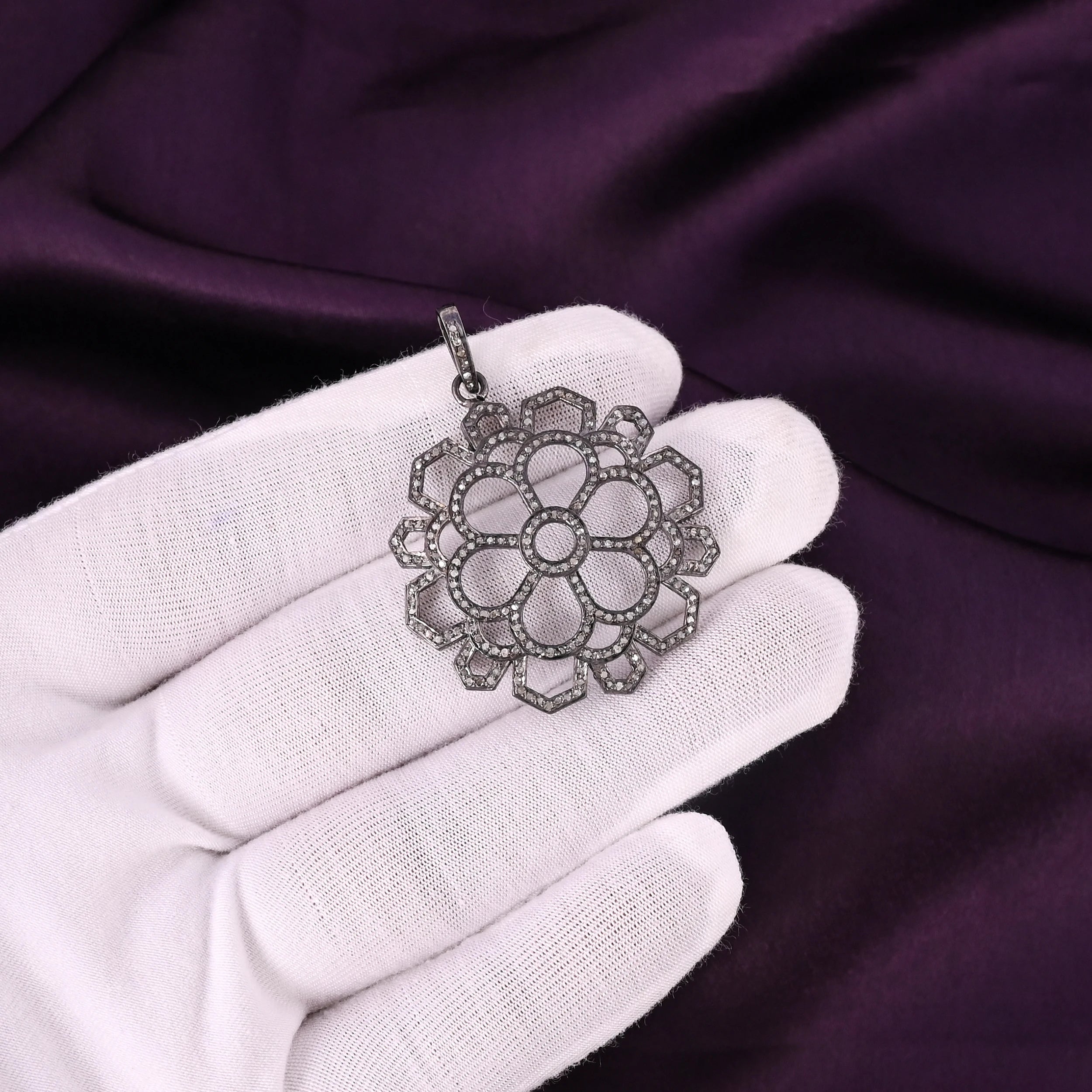 Women's Octagon Flower Pendant 925 Sterling Silver Black Rhodium Plated Pave Natural Diamond Vintage 35MM Size