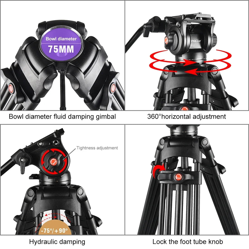 PULUZ Portable Durable Aluminum Alloy Tripod + with Fluid Drag Head for DSLR Camera Photography