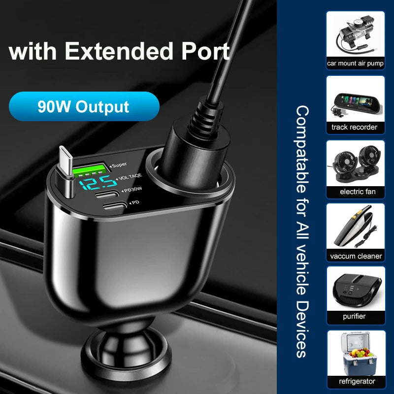 USB C Electric Car Charger with Retractable Cable QC3.0 100W 2-Port Super Fast Charge Adapter Voltage Display 2024 New Arrivals