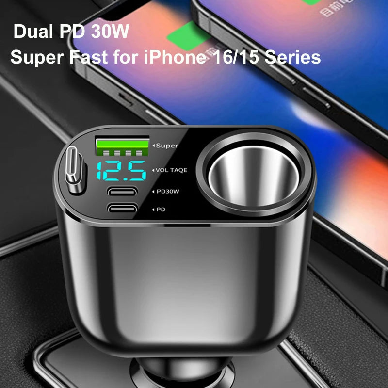 USB C Electric Car Charger with Retractable Cable QC3.0 100W 2-Port Super Fast Charge Adapter Voltage Display 2024 New Arrivals