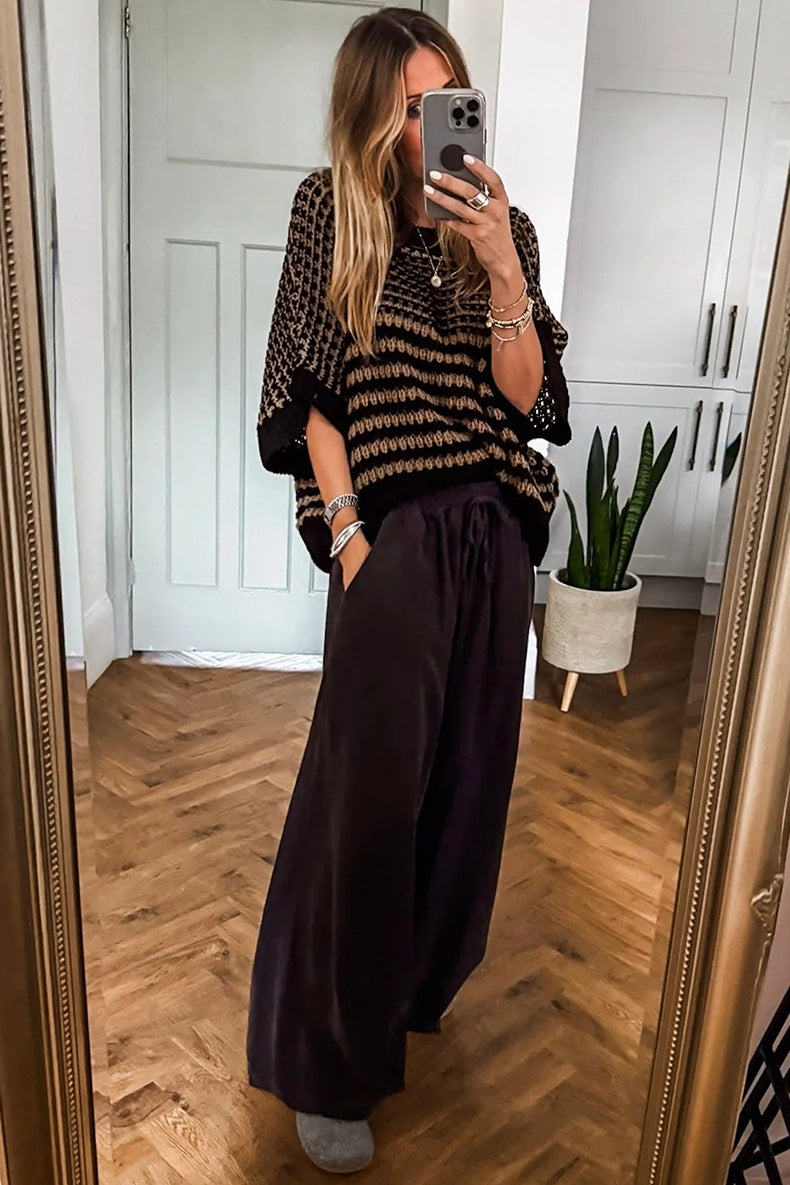 Bright Green Striped Round Neck Casual Sweater